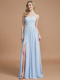 A-Line/Princess Spaghetti Straps Sleeveless Ruched Floor-Length Chiffon Bridesmaid Dresses TPP0005244