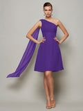 A-Line/Princess One-Shoulder Sleeveless Pleats Short Chiffon Bridesmaid Dresses TPP0005095