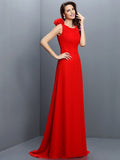 A-Line/Princess Bateau Hand-Made Flower Sleeveless Long Chiffon Bridesmaid Dresses TPP0005638