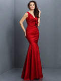 Trumpet/Mermaid V-neck Hand-Made Flower Sleeveless Long Taffeta Bridesmaid Dresses TPP0005170