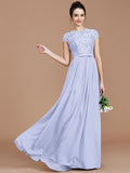 A-Line/Princess Jewel Short Sleeves Lace Floor-Length Chiffon Bridesmaid Dresses TPP0005264