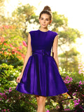 A-Line/Princess High Neck Bowknot Sleeveless Short Satin Bridesmaid Dresses TPP0005229