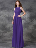 A-line/Princess Jewel Ruched Sleeveless Long Chiffon Bridesmaid Dresses TPP0005189