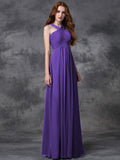 A-line/Princess Straps Ruched Sleeveless Long Chiffon Bridesmaid Dresses TPP0005379