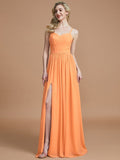 A-Line/Princess Spaghetti Straps Sleeveless Ruched Floor-Length Chiffon Bridesmaid Dresses TPP0005244