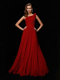 A-Line/Princess One-Shoulder Sleeveless Hand-Made Flower Long Chiffon Bridesmaid Dresses TPP0005084