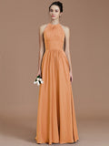 A-Line/Princess Halter Sleeveless Ruched Floor-Length Chiffon Bridesmaid Dresses TPP0005263