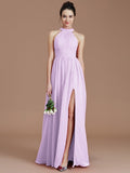 A-Line/Princess Halter Sleeveless Ruched Floor-Length Chiffon Bridesmaid Dresses TPP0005060