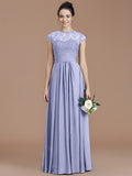 A-Line/Princess Jewel Short Sleeves Lace Floor-Length Chiffon Bridesmaid Dresses TPP0005179