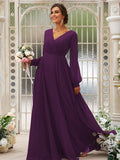 A-Line/Princess Chiffon Ruched V-neck Long Sleeves Floor-Length Bridesmaid Dresses TPP0004950