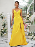 A-Line/Princess Silk like Satin Ruched V-neck Sleeveless Floor-Length Bridesmaid Dresses TPP0004934