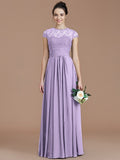 A-Line/Princess Jewel Short Sleeves Lace Floor-Length Chiffon Bridesmaid Dresses TPP0005179