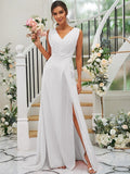 A-Line/Princess Chiffon Ruched V-neck Sleeveless Sweep/Brush Train Bridesmaid Dresses TPP0004916