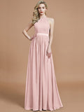 A-Line/Princess Halter Sleeveless Ruched Floor-Length Chiffon Bridesmaid Dresses TPP0005700