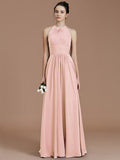 A-Line/Princess Halter Sleeveless Ruched Floor-Length Chiffon Bridesmaid Dresses TPP0005263