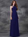 A-line/Princess Straps Ruched Sleeveless Long Chiffon Bridesmaid Dresses TPP0005379