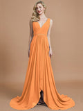 A-Line/Princess Sleeveless V-neck Chiffon Sweep/Brush Train Bridesmaid Dresses TPP0005308