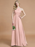 A-Line/Princess Halter Sleeveless Ruched Floor-Length Chiffon Bridesmaid Dresses TPP0005208