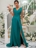 A-Line/Princess Chiffon Ruched V-neck Sleeveless Sweep/Brush Train Bridesmaid Dresses TPP0004916