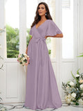 A-Line/Princess Silk like Satin Sash/Ribbon/Belt V-neck Short Sleeves Floor-Length Bridesmaid Dresses TPP0004897