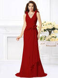 Trumpet/Mermaid V-neck Hand-Made Flower Sleeveless Long Chiffon Bridesmaid Dresses TPP0005122