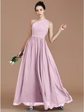 A-Line/Princess One-Shoulder Sleeveless Ruched Floor-Length Chiffon Bridesmaid Dresses TPP0005235