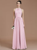 A-Line/Princess Halter Sleeveless Ruched Floor-Length Chiffon Bridesmaid Dresses TPP0005263