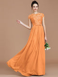 A-Line/Princess Jewel Short Sleeves Lace Floor-Length Chiffon Bridesmaid Dresses TPP0005264