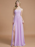 A-Line/Princess Spaghetti Straps Sleeveless Ruched Floor-Length Chiffon Bridesmaid Dresses TPP0005244