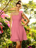 A-Line/Princess One-Shoulder Hand-Made Flower Sleeveless Short Chiffon Bridesmaid Dresses TPP0005319