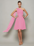 A-Line/Princess One-Shoulder Sleeveless Pleats Short Chiffon Bridesmaid Dresses TPP0005095