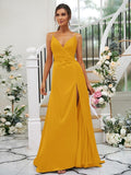 A-Line/Princess Silk like Satin Ruched V-neck Sleeveless Floor-Length Bridesmaid Dresses TPP0004934