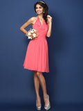 A-Line/Princess Halter Pleats Bowknot Sleeveless Short Chiffon Bridesmaid Dresses TPP0005822