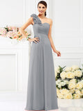 A-Line/Princess One-Shoulder Hand-Made Flower Sleeveless Long Chiffon Bridesmaid Dresses TPP0005311