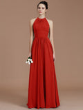 A-Line/Princess Halter Sleeveless Ruched Floor-Length Chiffon Bridesmaid Dresses TPP0005263