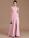 A-Line/Princess Halter Sleeveless Ruched Floor-Length Chiffon Bridesmaid Dresses TPP0005060