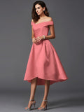 A-Line/Princess Off-the-Shoulder Sleeveless High Low Satin Bridesmaid Dresses TPP0005211