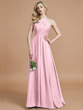 A-Line/Princess Halter Sleeveless Ruched Floor-Length Chiffon Bridesmaid Dresses TPP0005208