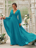 A-Line/Princess Chiffon Ruffles V-neck Long Sleeves Sweep/Brush Train Bridesmaid Dresses TPP0004894