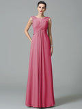 A-Line/Princess Scoop Ruched Sleeveless Long Chiffon Bridesmaid Dresses TPP0005442