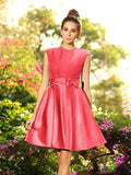 A-Line/Princess High Neck Bowknot Sleeveless Short Satin Bridesmaid Dresses TPP0005229