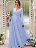 A-Line/Princess Chiffon Ruched V-neck Long Sleeves Floor-Length Bridesmaid Dresses TPP0004950