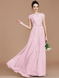 A-Line/Princess Jewel Short Sleeves Lace Floor-Length Chiffon Bridesmaid Dresses TPP0005264