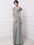 Sheath/Column V-neck Short Sleeves Pleats Long Chiffon Bridesmaid Dresses TPP0005438