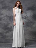 A-line/Princess Straps Ruched Sleeveless Long Chiffon Bridesmaid Dresses TPP0005379