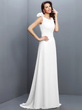 A-Line/Princess Bateau Hand-Made Flower Sleeveless Long Chiffon Bridesmaid Dresses TPP0005638