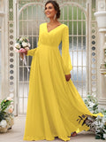 A-Line/Princess Chiffon Ruched V-neck Long Sleeves Floor-Length Bridesmaid Dresses TPP0004950