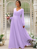 A-Line/Princess Chiffon Ruched V-neck Long Sleeves Floor-Length Bridesmaid Dresses TPP0004950