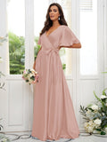 A-Line/Princess Silk like Satin Sash/Ribbon/Belt V-neck Short Sleeves Floor-Length Bridesmaid Dresses TPP0004897