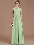 A-Line/Princess Halter Sleeveless Ruched Floor-Length Chiffon Bridesmaid Dresses TPP0005263